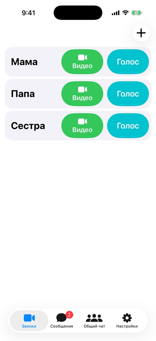 Список семьи с кнопками «Видео» и «Голос»